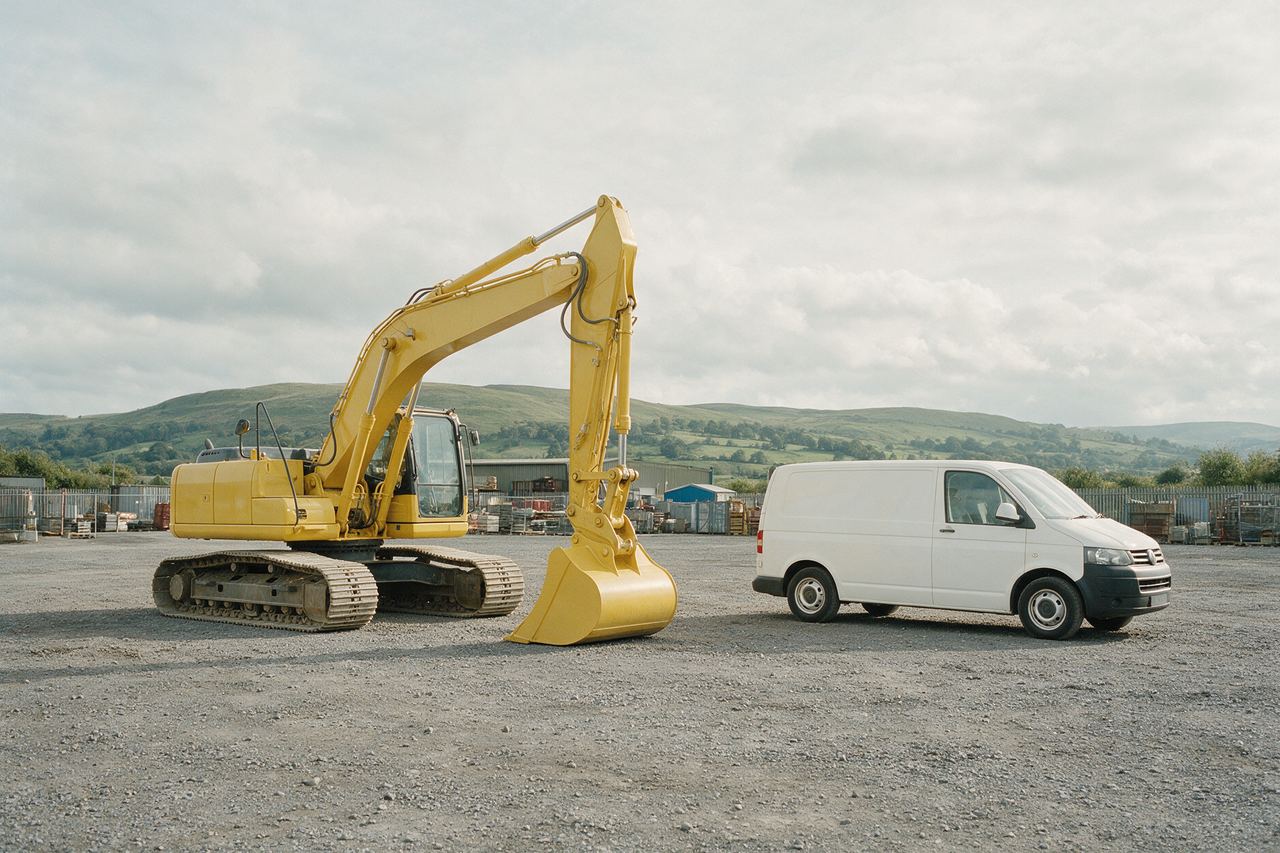 An excavator and a panel van parked in a depot yard with Welsh hills behind