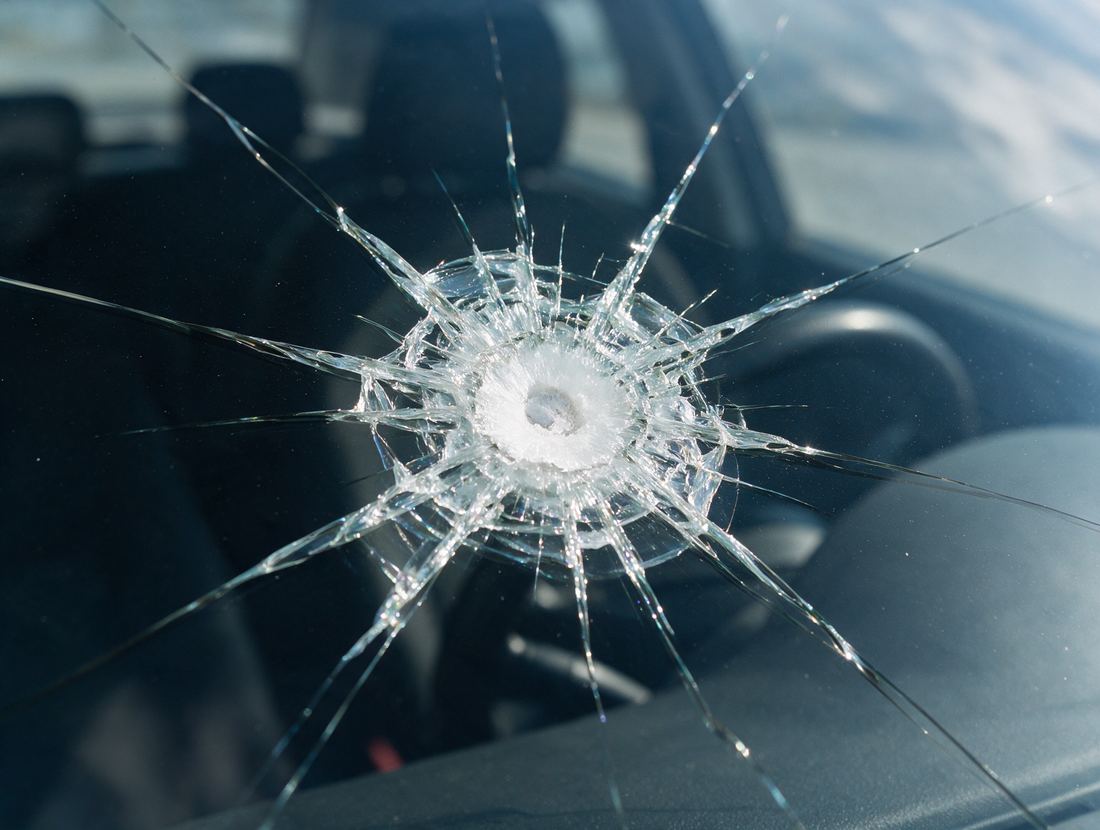 Close-up of a star-shaped stone chip crack in a car windscreen
